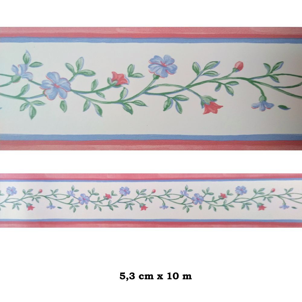 Cenefa semi-adhesiva de fondo blanco con estampado floral en tonos verdes Cenefa semi-adhesiva de fondo blanco con estampado floral en tonos verdes